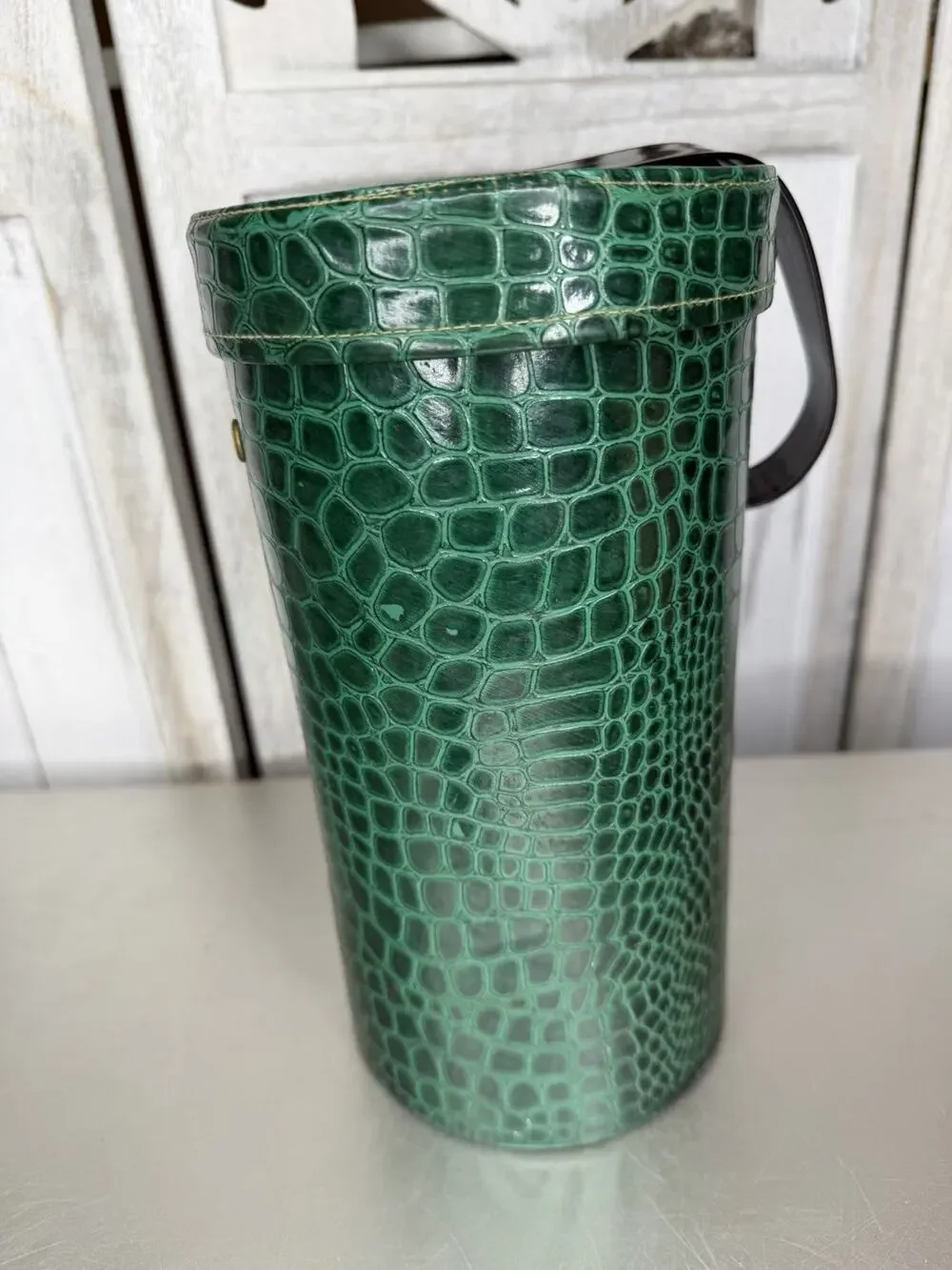 Knitting Caddy Tube Dispenser w/Handle Vintage 50s Green Croco Faux Leather